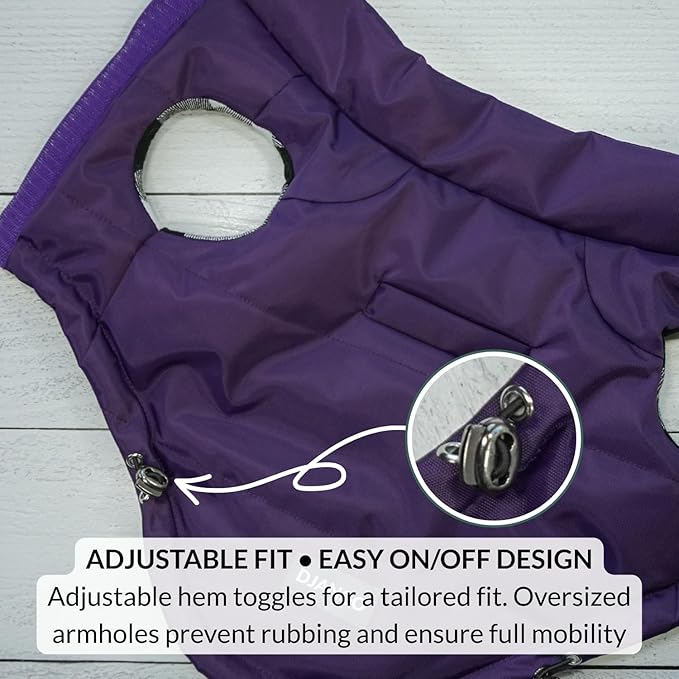 DJANGO Reversible Puffer Dog Coat – Warm Winter Dog Jacket & Water-Repellent Insulated Dog Coat w/Harness Hole, Windproof, Adjustable Fit for Small & Medium Dogs, Dachshunds – Violet Purple, Small