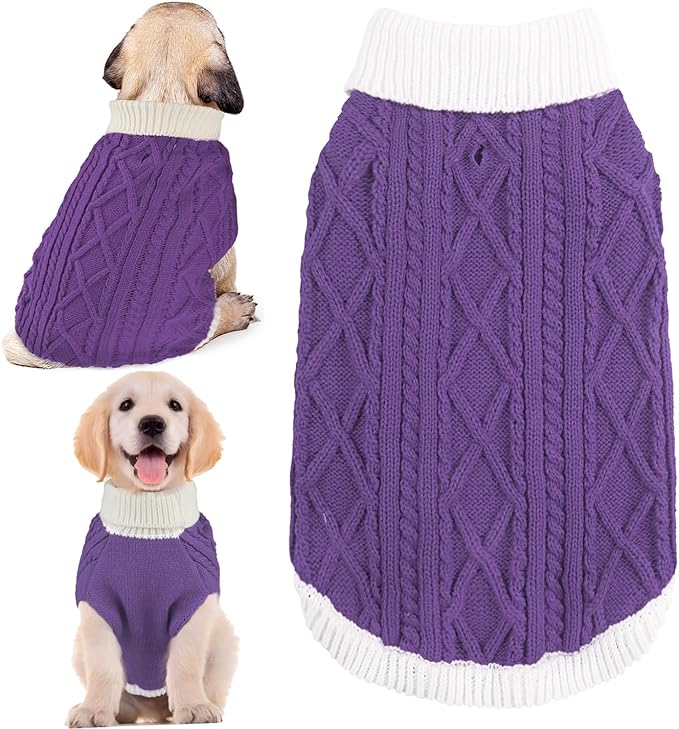 Small Dog Sweaters with Leash Hole Turtleneck Dog Sweaters Knitwear Boys Girls Warm Soft and High Stretch Pet Clothes for Fall Winter，Pet Shirts for Kitten Puppy Purple Large