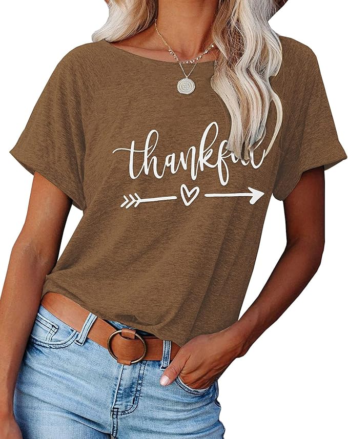 NIUBIA Women's T Shirts Summer Tops Simple Heart Graphic Shirts Sayings Short Sleeve Vacation Casual Blouse Thankful Tee