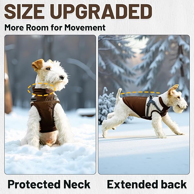 Dog Winter Coat for Small & Medium Dogs (Up to 31lb), Waterproof Dog Coat with Harness, Puppies Windproof Puppy Puffer Jacket, Snowsuit for Dachshund,Frenchie, Corgi (Classic Brown, Large)