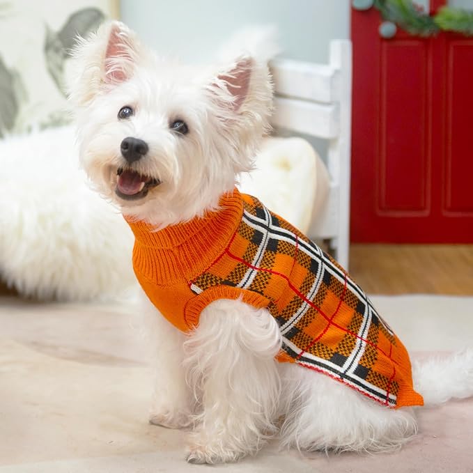 PUPTECK Dog Sweaters for Large Medium Small Dogs - Fall Classic Plaid Style Puppy Holiday Winter Coat Clothes Warm, Reddish Orange, SM