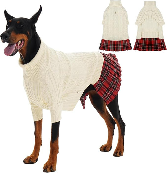 IECOii Girl XXL Dog Sweater Dress, Cozy Cable Knit Dog Sweater for Large Dogs Girl, Beige,XXLarge, 2XL Pet Pullover Knitted Dress for Winter, Turleneck with Sleeve, Warm Sweaters for Female Pitbull