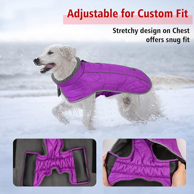 Fragralley Dog Coat Small, Waterproof Dog Jacket with Warm Fleece Lining, Adjustable Reflective Dogs Winter Coat, Turtleneck Pet Coats for Cold Weather (Purple S)