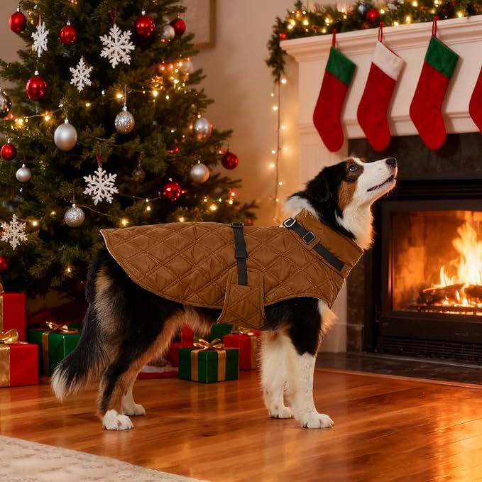 Kuoser Dog Coat Warm Fleece Lining Turtleneck Dog Jacket with Harness Built-in, Adjustable Windproof Cold Weather Coats with Quick Release Buckle Pet Winter Snowsuit for Extra Small Dogs, Khaki XS