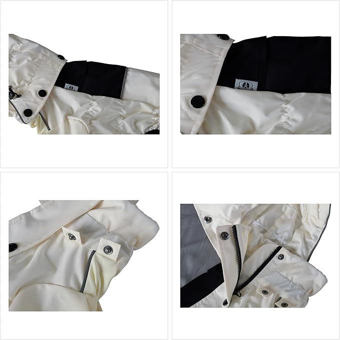 LOVELONGLONG Waterproof Dog Raincoat with Removable Hood – Outdoor Full Body Dog Jacket, Windproof Snowproof Shell Suit – All Season Pet Rain Gear Ivory S+