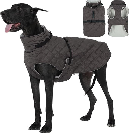 Kuoser Dog Coat Warm Fleece Lining Turtleneck Dog Jacket with Harness Built-in, Adjustable Windproof Cold Weather Coats with Quick Release Buckle Pet Winter Snowsuit for Extra Large Dogs, Grey 3XL