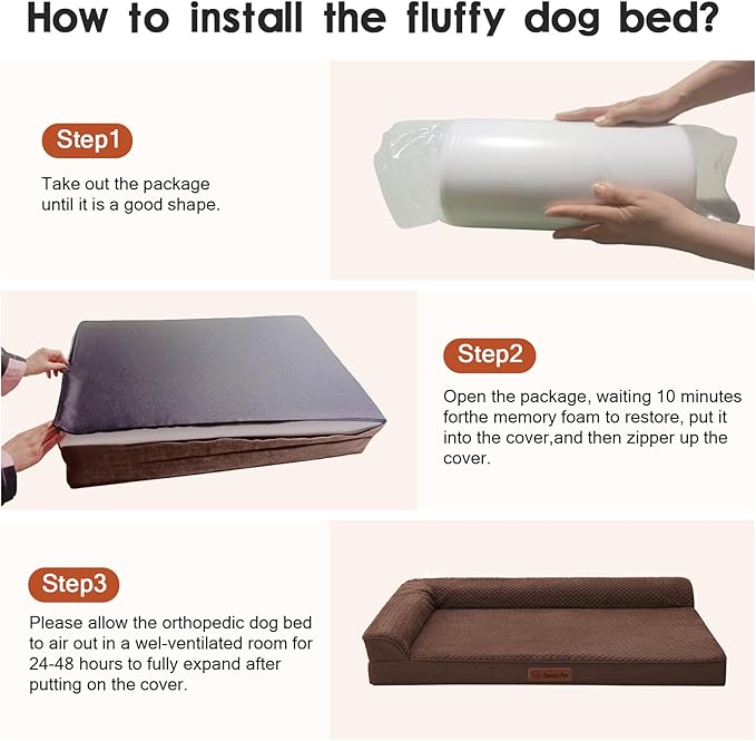 Orthopedic Dog Beds Large Sized Dog, Memory Foam Pet Bed for Large Dogs, Washable Removable Cover, Nonskid Bottom, Waterproof, 44x32x6 Inches, Brown Grey