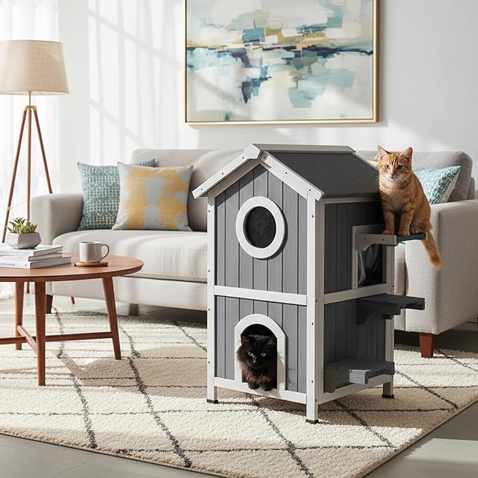 GEGURI Outdoor Cat House Winter-Proof, Two-Story Insulated Cat Shelter for Feral Cats with Thermal Layer, Removable Roof, Balcony & Escape Door, Weatherproof & Warm Shelter for Cats