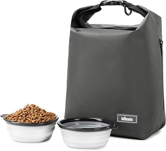 Waterproof Pet Food Storage Bag,Dog Food Container 12 lb w/2PCS Collapsible Dog Travel Bowls and Zipper Side Pocket(Gray, Small)