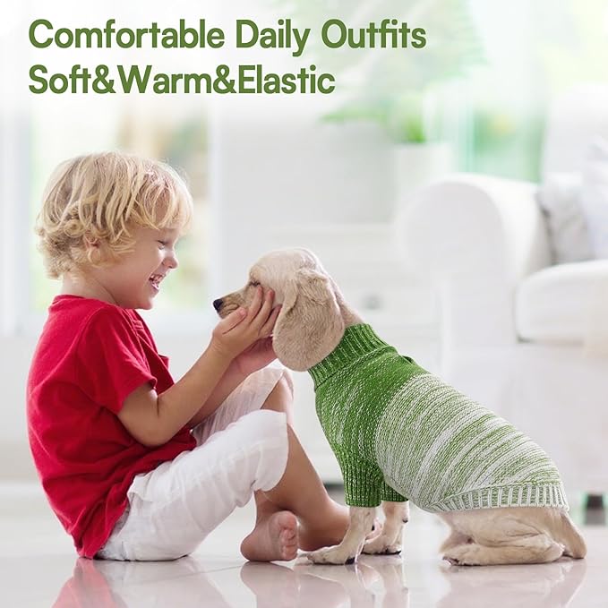 Queenmore Pullover Large Dog Sweater,Classic Turtleneck Warm Pet Sweater with Leash Hole for Dog Girls Boys,Winter Knitwear Clothes for Dachshund,Corgi,French Bulldog(Green,L)