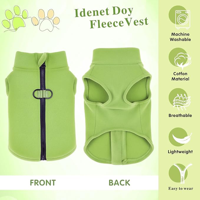 Idepet Dog Fleece Vest Sweater Zip Up Warm Pullover Dogs Jacket with D-Ring Leash Winter Cold Weater Coat Pet Sweatershirt Clothes Hoodie for Small Medium Dogs Boy Girl(Green,XXL)