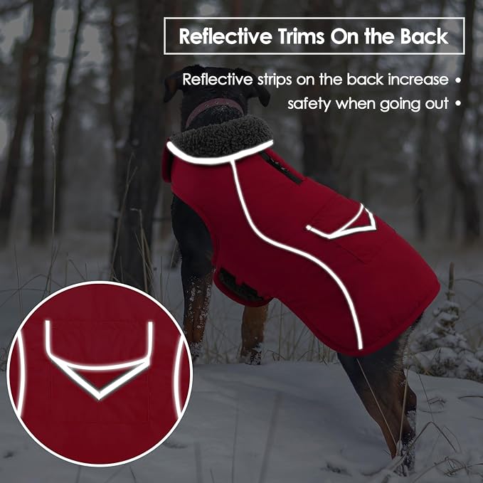 SUNFURA Large Dog Coat, Warm Dog Winter Coat Jacket with Thick Furry Collar, Adjustable Pet Fleece Jacket Turtleneck Snowsuit for Large Dogs for Chilly Day, Red XL