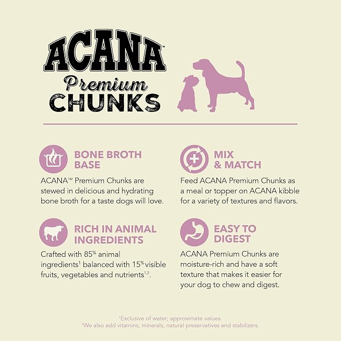ACANA Premium Chunks in Bone Broth Grain-Free Wet Dog Food Variety Pack: Lamb + Duck Recipes 12.8oz Cans (6 Count, 3 of Each)