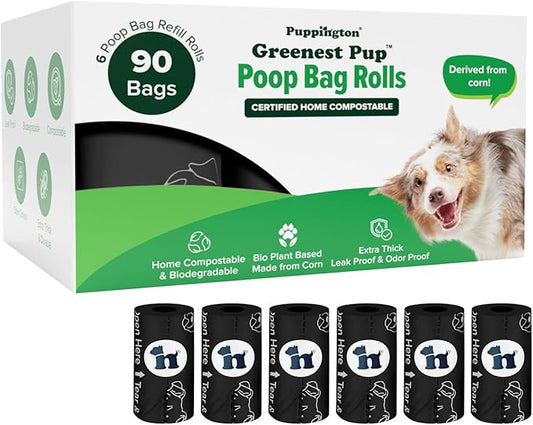 Puppington Certified Home Compostable Poop Bags - ASTM D6400 Compliant - 90 Extra Thick Bags - Plant Based - Pairs with Puppington 3-in-1 Bag & Fits all Standard Poop Bag Dispensers (Onyx Black)