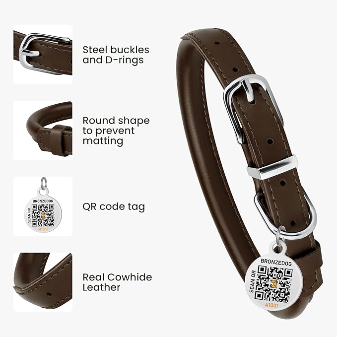 BRONZEDOG Rolled Leather Dog Collar for Small Medium Large Dogs with QR ID Tag (XS: 9-11 Inch, Coffee Brown)