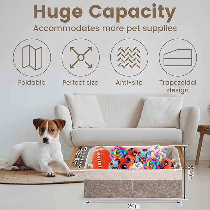 Large Dog Toy Basket With Handle, Foldable Dog Toy Box for Living Room Area, 20" Basket for Dog Toys, Clothes, Organizers and Storage with Hard Board, Anti-slip for Pet Toys (Brown, Medium)