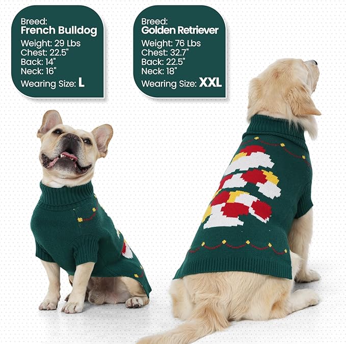 BRKURLEG Dog Sweaters, Christmas Dog Sweaters Medium Large Doggies Turtleneck Warm Pet Sweater for Cold Weather, Xmas, New Year, Pet Winter Pullover Sweater for Beagle, Pitbull (Green, XL)