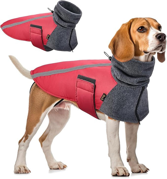 SlowTon Winter Dog Coat, Warm Polar Fleece Lining Doggie Outdoor Jacket with Turtleneck Scarf Reflective Stripe Adjustable Waterproof Windproof Puppy Vest Soft Pet Outfits (M+,Red)