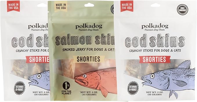 Polkadog Fish Skin Shorties Variety 3-Pack – Includes 2x Cod and 1x Salmon. All-Natural Dog Treats, Made in USA, Single Ingredient, Omega-3 Rich, Grain-Free & Hypoallergenic Jerky for All Breeds