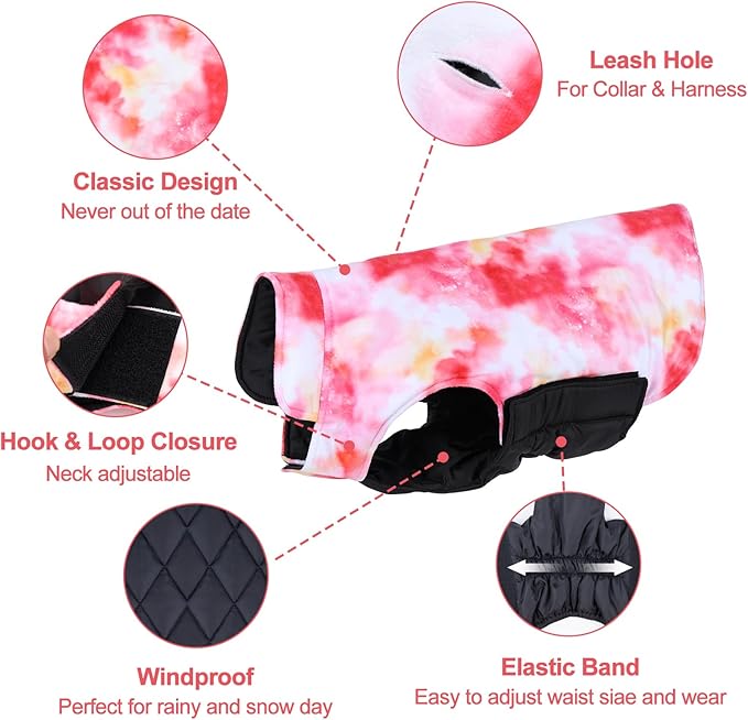 GMF29S Winter Dog Jacket Reversible Vest Soft Coat with Leash Hole for Small to Large Dogs, Windproof, Waterproof, Thick, Adjustable