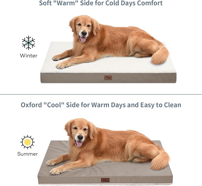 Orthopedic Dog Bed for Extra Large Dogs, XL Comfort Pet Mat for Large Sized Dog 44x32 Inch, Egg Crate Foam with Removable Washable Oxford Cover, Khaki White