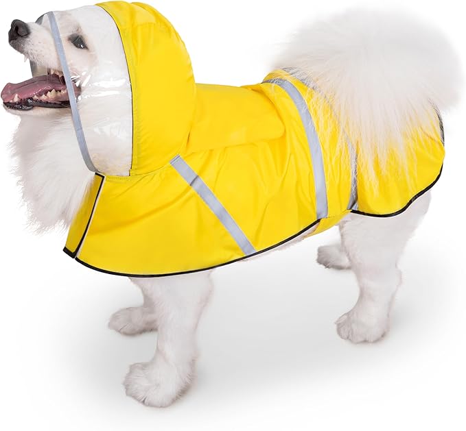 Dog Raincoat, Adjustable Rain Jacket with Hooded Double Layer for Large Medium Small Dogs Puppies, Lightweight Waterproof Rain Coat Poncho with Reflective Stripe Yellow,XL