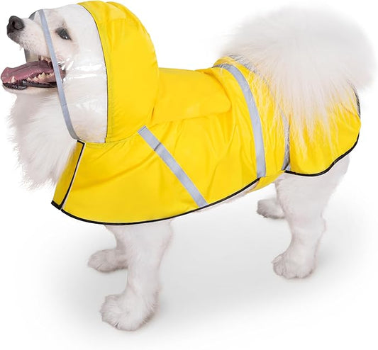 Dog Raincoat, Adjustable Rain Jacket with Hooded Double Layer for Large Medium Small Dogs Puppies, Lightweight Waterproof Rain Coat Poncho with Reflective Stripe Yellow,XL