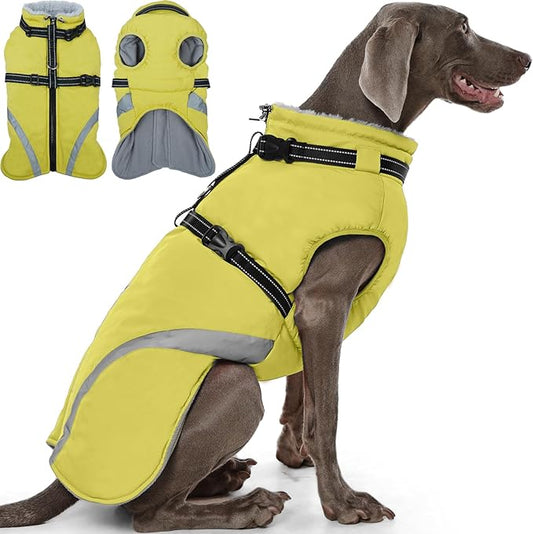 QBLEEV Large Dog Coat, Big Dog Winter Jacket for Large Dogs, XXX-Large Waterproof Cold Weather Snow Vest with Zip & Reflective, Windproof Built-in Harness Warm Fleece Snowsuit Clothes, Green, XXXL