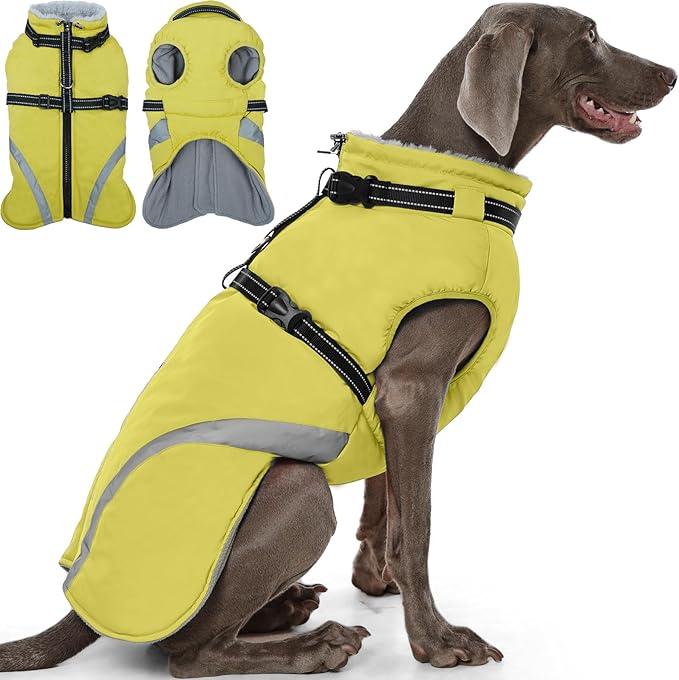 QBLEEV Large Dog Coat, Dog Winter Jacket for Large Dogs, XX-Large Waterproof Cold Weather Vest with Built-in Harness, Zipper & Reflective, Windproof Thick Warm Fleece Snowsuit Clothes, Green, XXL