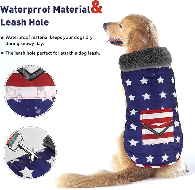 Dog Coat, Waterproof Dog Winter Jacket with Pocket, Reflective Adjustable Pet Snow Vest, Warm Cozy Fleece Sweater for Small Medium Extra Large Dogs - American Flag, XL