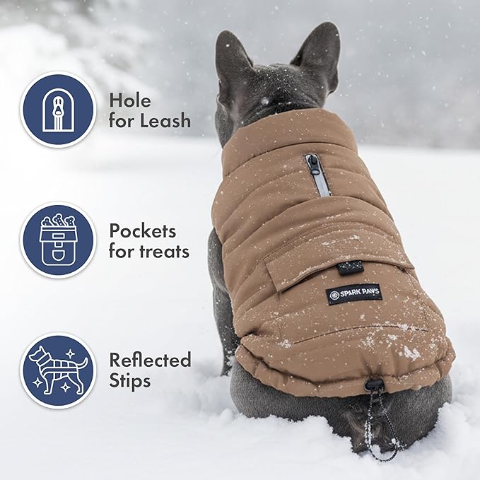 Spark Paws Dog Winter Jacket, Water-Resistant Coat, Warm Reflective Windproof Fleece-Interior, for Medium and Large Dogs - Tan - 2XL