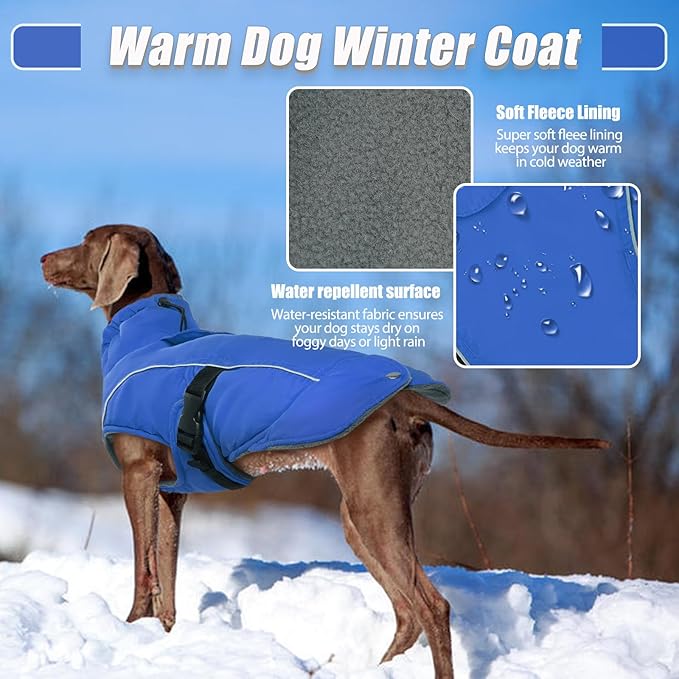 DENTRUN Large Dog Winter Coat - Windproof Reflective Warm Coat, Adjustable Neck & Snap Closure, Water Repellent Thick Fleece Vest, Fleece Lined for for Golden Retriever, Blue, XL