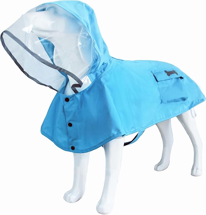 Dog Raincoat Waterproof Rain Poncho with Hoodie, High Reflective Adjustable Pet Rain Jacket with Leash Hole for Small Medium and Large Dogs (Blue, Large)