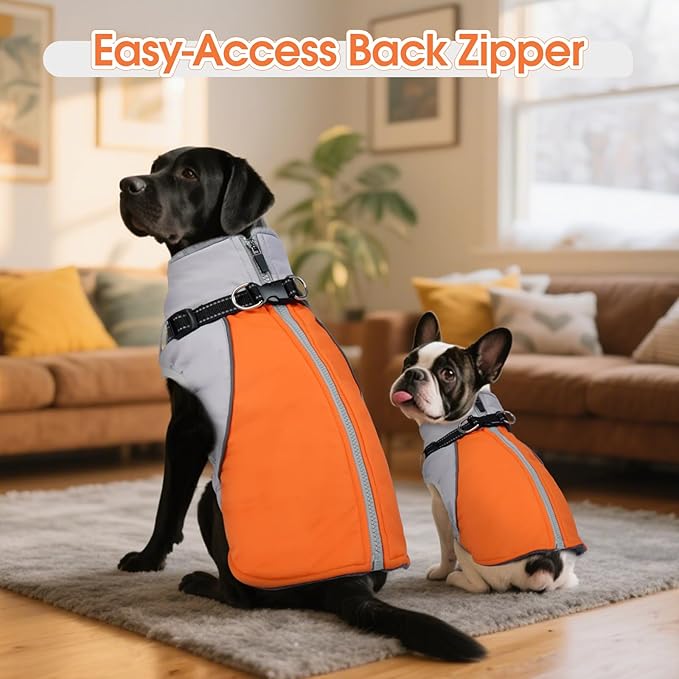 DENTRUN Dog Coat with Harness Built in, Outdoor Reflective Dog Jacket, Windproof Water-Repellent No Sleeves Coat for Large Golden Retriever, Orange, XL