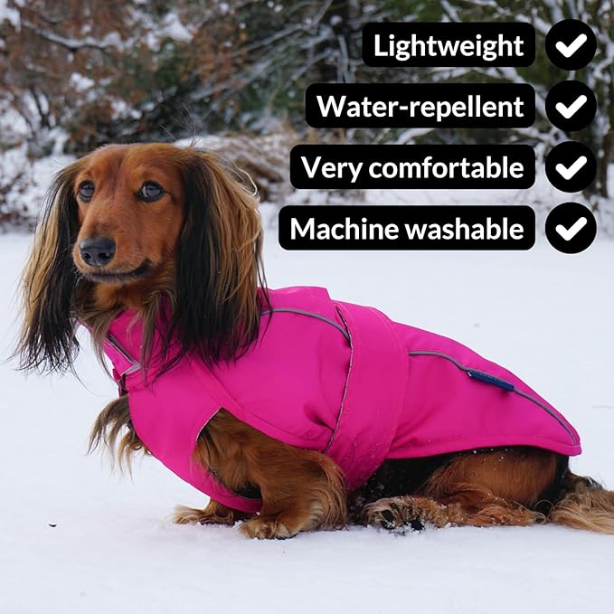 DJANGO Dog Jacket & Raincoat – Lightweight Water-Resistant Coat for Small, Medium & Long Dogs Like Dachshunds – Reflective, Adjustable Fit, Harness-Compatible & Easy-Access Harness Hole - Pink, Medium
