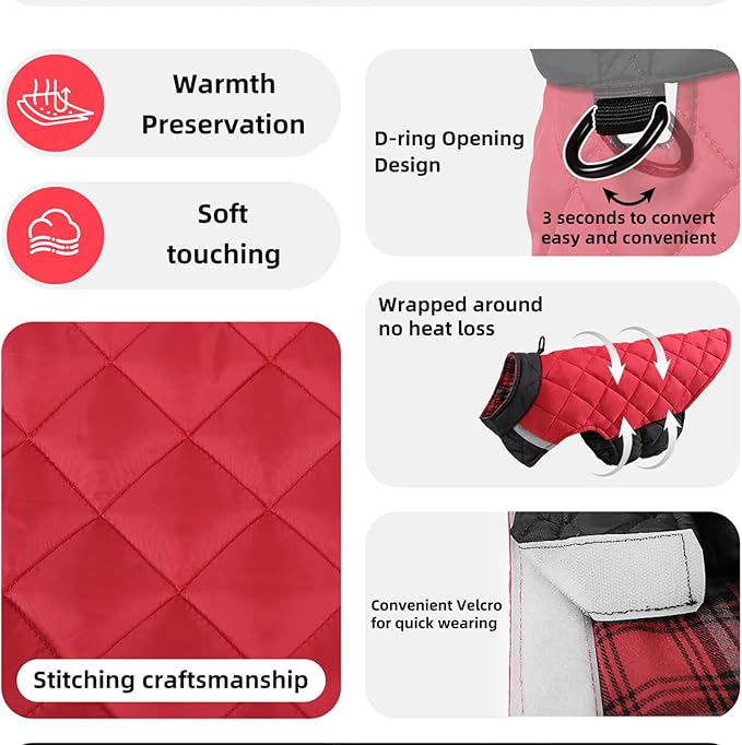 Reversible Waterproof Dog Coat - Adjustable Winter Jacket for Small to Large Breeds, Warm Cold Weather Apparel for Medium Dogs (Red & Black, 2X-Large (Pack of 1))
