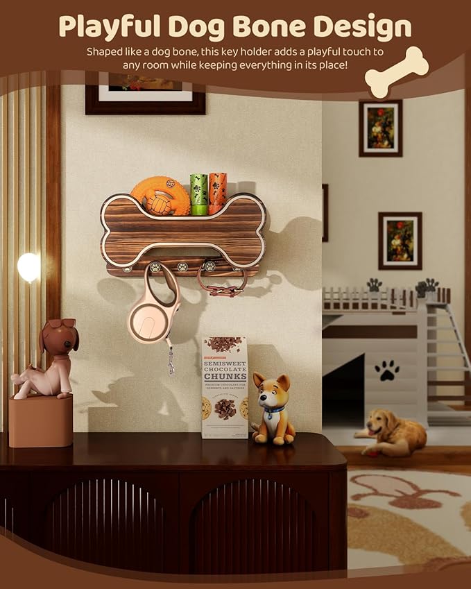 MTERSN Farmhouse Dog Leash Holder for Wall - Dog Stuff Organizer and Doggie Bone Key Holder Wall Mount with 5 Decorative 3D Puppy Paw Hooks & Storage Shelf - Ideal Home Decor (Brown)