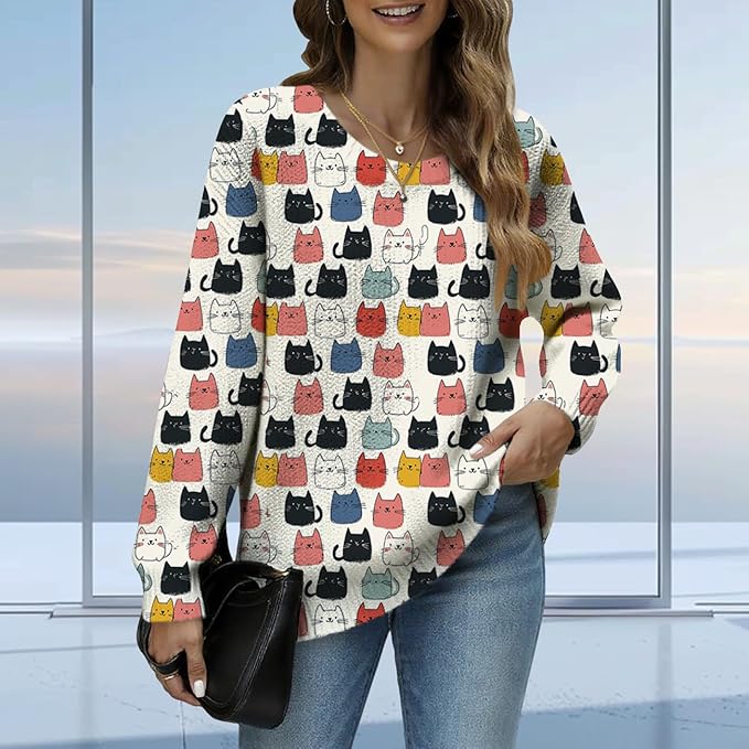 Women's Cat Printed Sweater Oversized Cable Knit Long Sleeve Christmas Clothes Casual Autumn Winter Fashion Tops