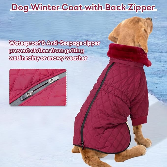 IDOMIK Dog Winter Coat for Large Dogs, Warm Dog Winter Jacket with Fleece High Collar, Zippered Cold Weather Coats for Dogs, Waterproof Doggy Snow Jacket Clothes,WineRed,XL