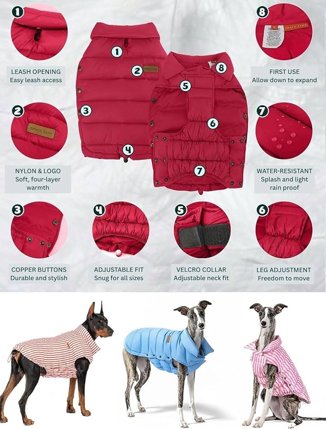 SPACE LION Dog Puffer Jacket, Down Winter Coat, Durable Outdoor Coat for Cold and Windy Conditions, Waterproof, Lightweight Jacket, Adjustable Fit for Small, Medium, Large Dogs(Red,24/2XL)