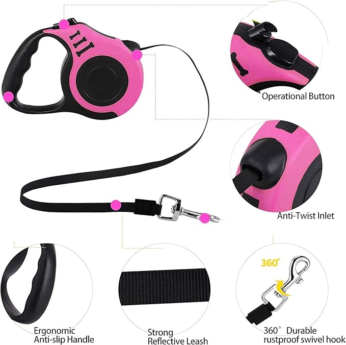 Retractable Heavy Duty Dog Leash - 16FT Pink, Tangle-Free Nylon Tape, Anti-Slip Handle, Waste Bag Dispenser for Small Dog or Cat up to 26 lbs