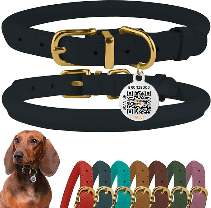 BronzeDog Rolled Leather Dog Collar with QR ID Tag, Adjustable Soft Round Collars for Small Medium Large Dogs Puppy (7" - 10" Neck Size, Dark Blue)
