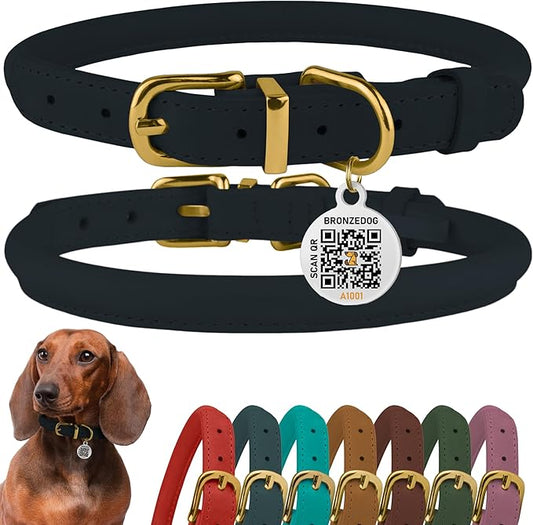 BronzeDog Rolled Leather Dog Collar with QR ID Tag, Adjustable Soft Round Collars for Small Medium Large Dogs Puppy (7" - 10" Neck Size, Dark Blue)