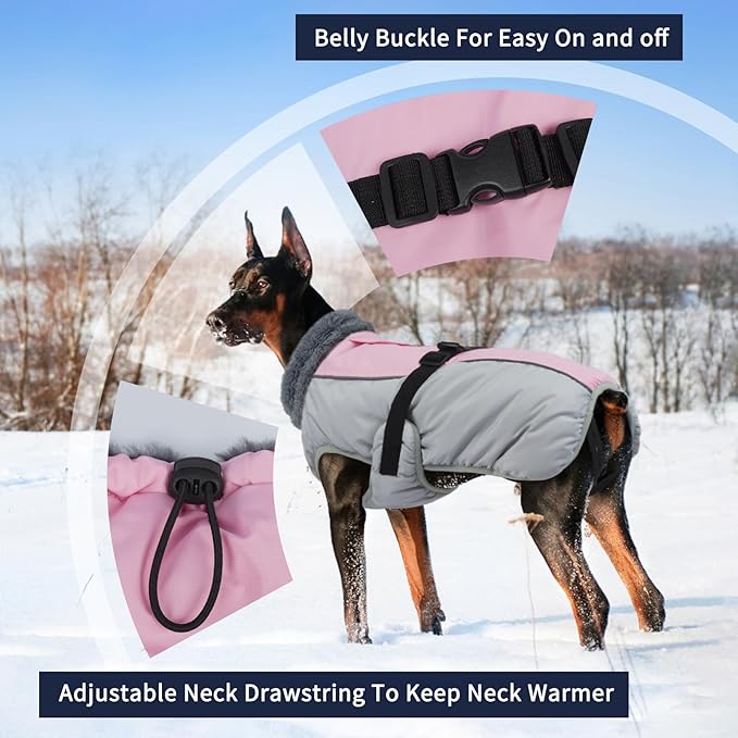 IECOii Extra Warm Dog Coat for Medium Dogs, Waterproof & Windproof Dog Jackets with Leash Hole, Adjustable Turtleneck Dog Winter Coat Reflectvie Pet Fleece Vest for Cold Weather, Pink, M