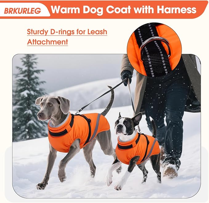 BRKURLEG Dog Winter Jackets for Small Dogs, Dog Coat with Harness Built in, Dogs Snowsuits with Zipper, Waterproof Windproof Pet Puffer Jacket Fleece Vest for Chihuahua, Yorkie, Orange XS