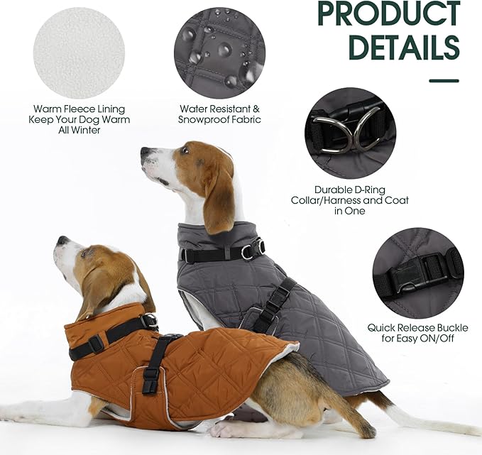 Kuoser Dog Coat Warm Fleece Lining Turtleneck Dog Jacket with Harness Built-in, Adjustable Windproof Cold Weather Coats with Quick Release Buckle Pet Winter Snowsuit for Small Medium Dogs, Grey M