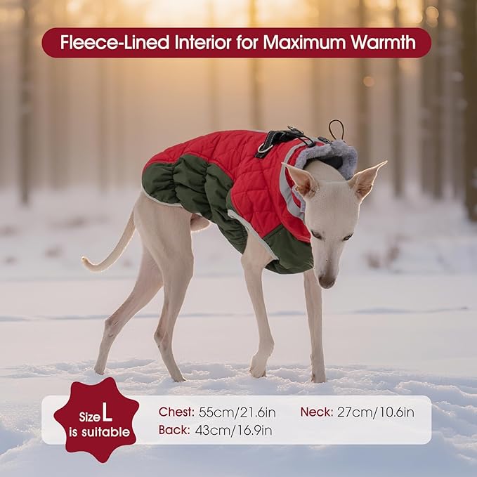 FUAMEY Dog Coat for Large Dogs,Waterproof Dog Winter Jacket with Harness Built in Puppy Cold Weather Coats Reflective Pet Vest with Zipper Warm Fleece Dogs Snowsuit Windproof Christmas XL