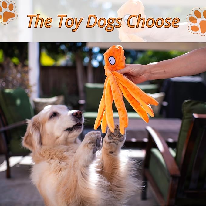 Orange Octopus Dog Toy – Squeaky & Crinkle Plush – Durable No Stuffing Chew Toy for Small Medium Large Dogs Puppies & Seniors – Interactive Safe Soft Toy for Tug Fetch Play – Tail Town