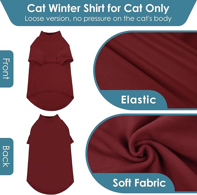 SUNFURA Turtleneck Sweater for Cat, Sphynx Hairless Cats Shirt Sweaters with Sleeves, Warm and Soft Kitten Pullover Fleece Winter Pajamas Jumpsuit for Puppy, Burgundy M
