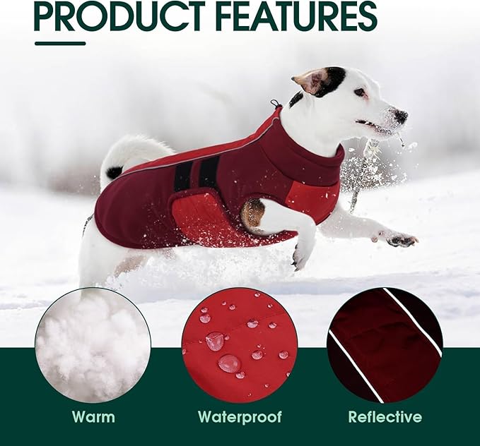 Kuoser Dog Jacket, Warm Dog Coats for Small Dogs, Reflective Doggie Winter Jacket Cold Weather Pet Coats with Leash Hole, Winter Coat Apparel for Yorkie Chihuahua, Red XS